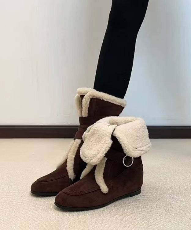 Fashion Splicing Boots Coffee Suede Fuzzy Wool Lined