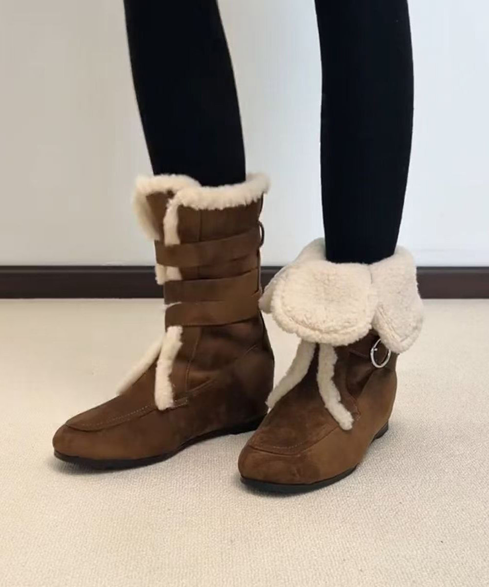 Fashion Splicing Boots Coffee Suede Fuzzy Wool Lined