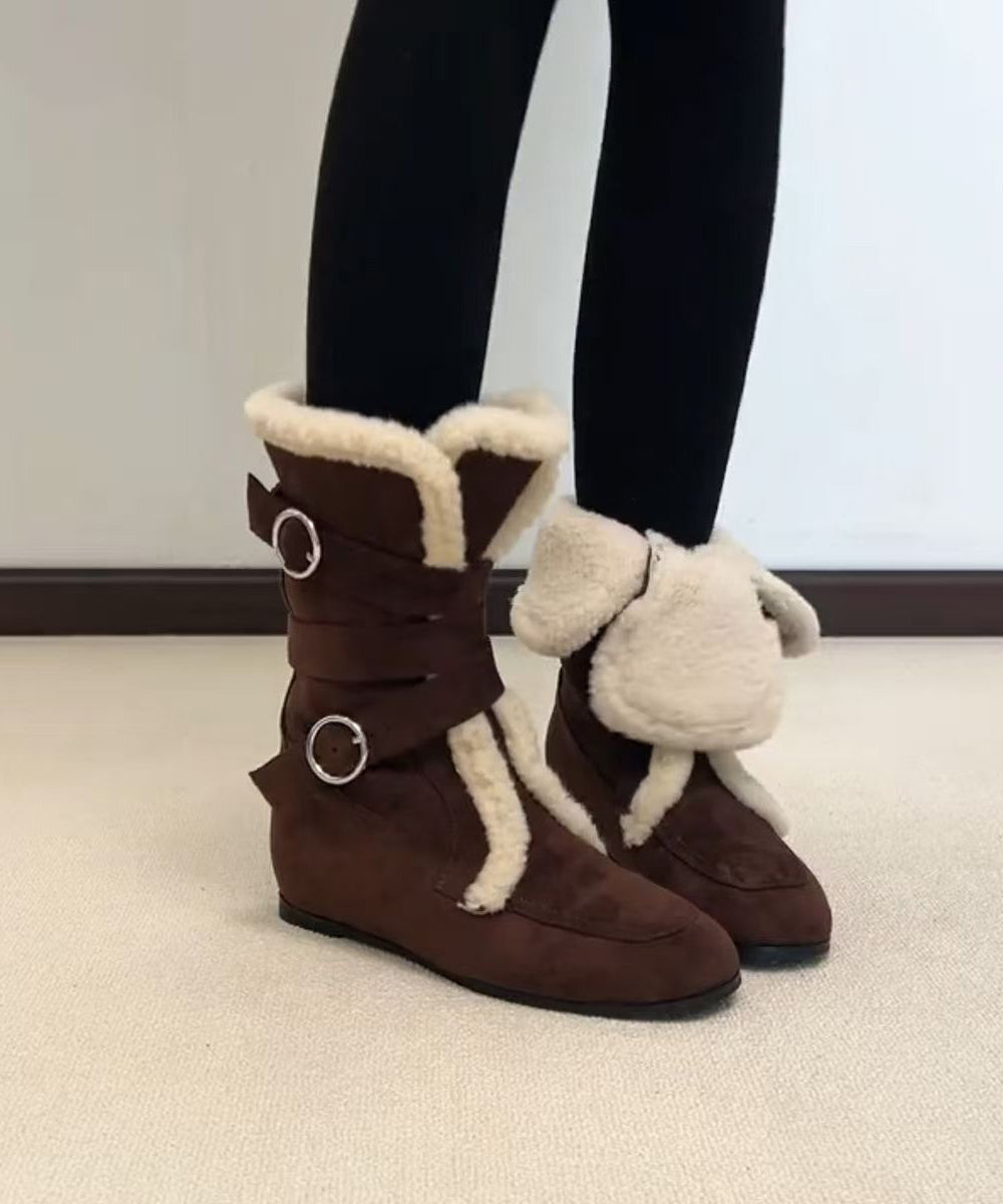 Fashion Splicing Boots Coffee Suede Fuzzy Wool Lined