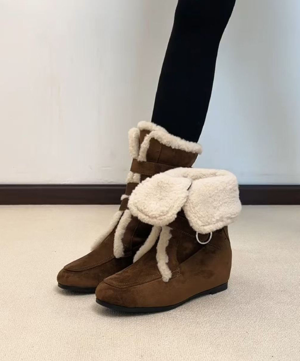 Fashion Splicing Boots Coffee Suede Fuzzy Wool Lined