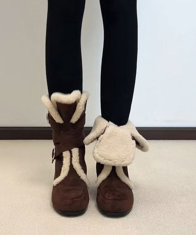Fashion Splicing Boots Coffee Suede Fuzzy Wool Lined
