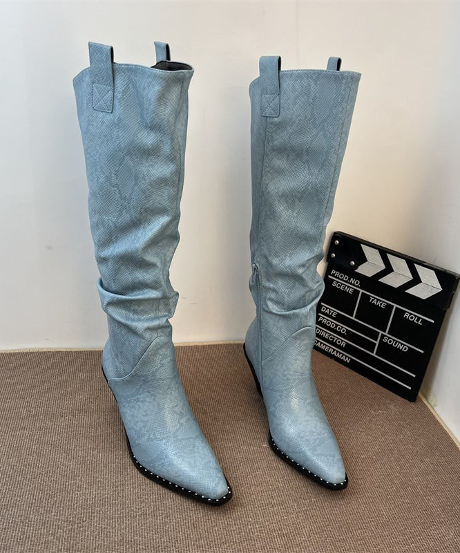 Fashion Splicing Chunky Boots Blue Faux Leather Pointed Toe