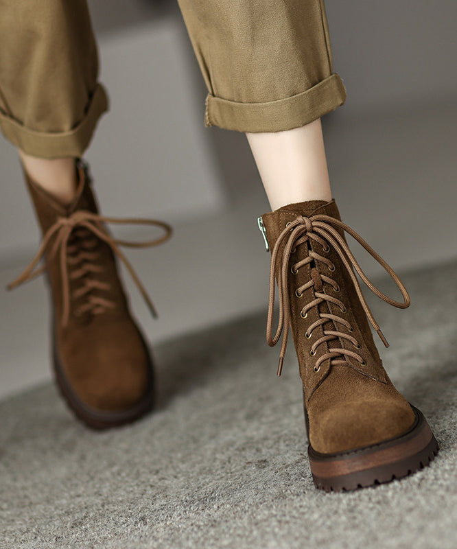 Fashion Splicing Chunky Boots Brown Suede Lace Up