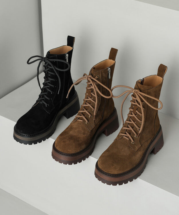 Fashion Splicing Chunky Boots Brown Suede Lace Up
