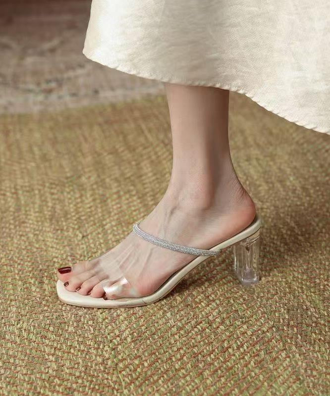 Fashion Splicing Chunky Heel Apricot Slide Sandals Peep Toe