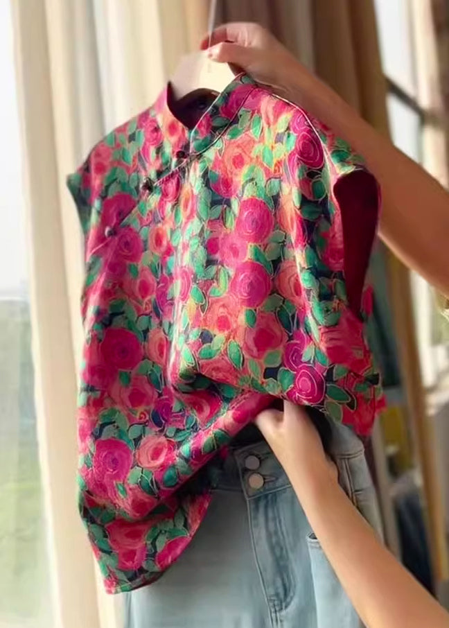 Fashion Stand Collar Button Print Silk Shirts Summer