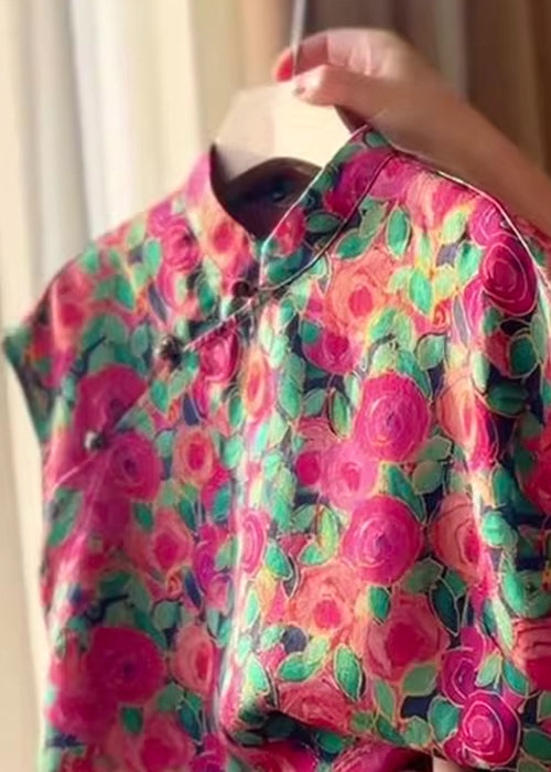 Fashion Stand Collar Button Print Silk Shirts Summer