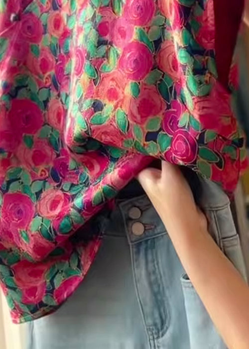 Fashion Stand Collar Button Print Silk Shirts Summer