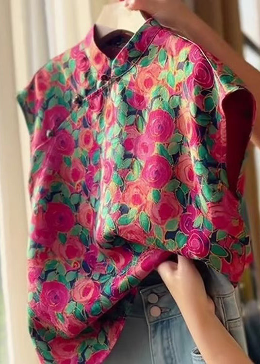 Fashion Stand Collar Button Print Silk Shirts Summer