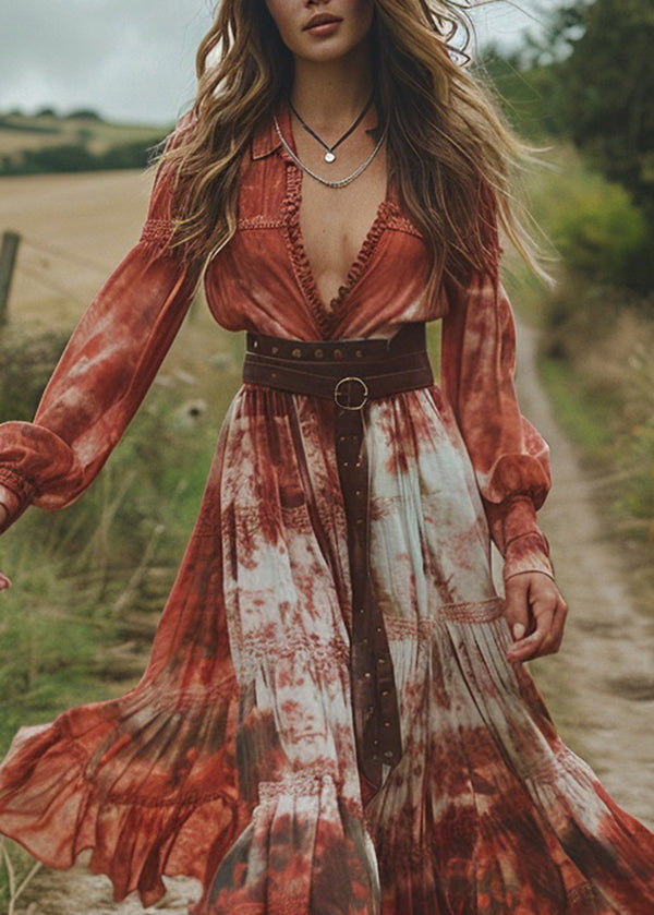 Fashion Tie Dye Wrinkled Patchwork Chiffon Dresses Spring