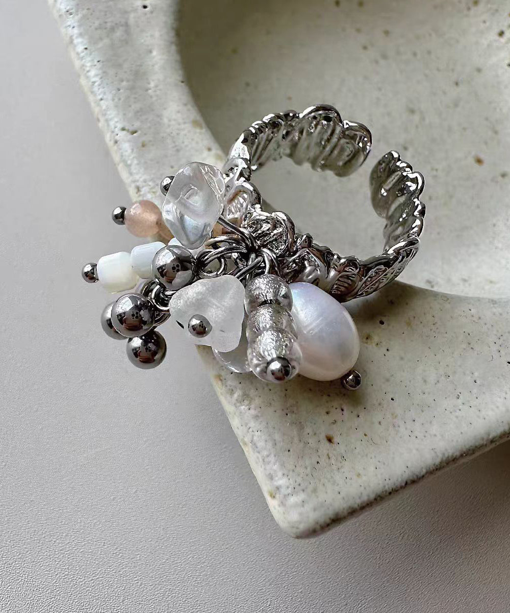 Fashion Titanium Stee Pearl Tassel Open Rings