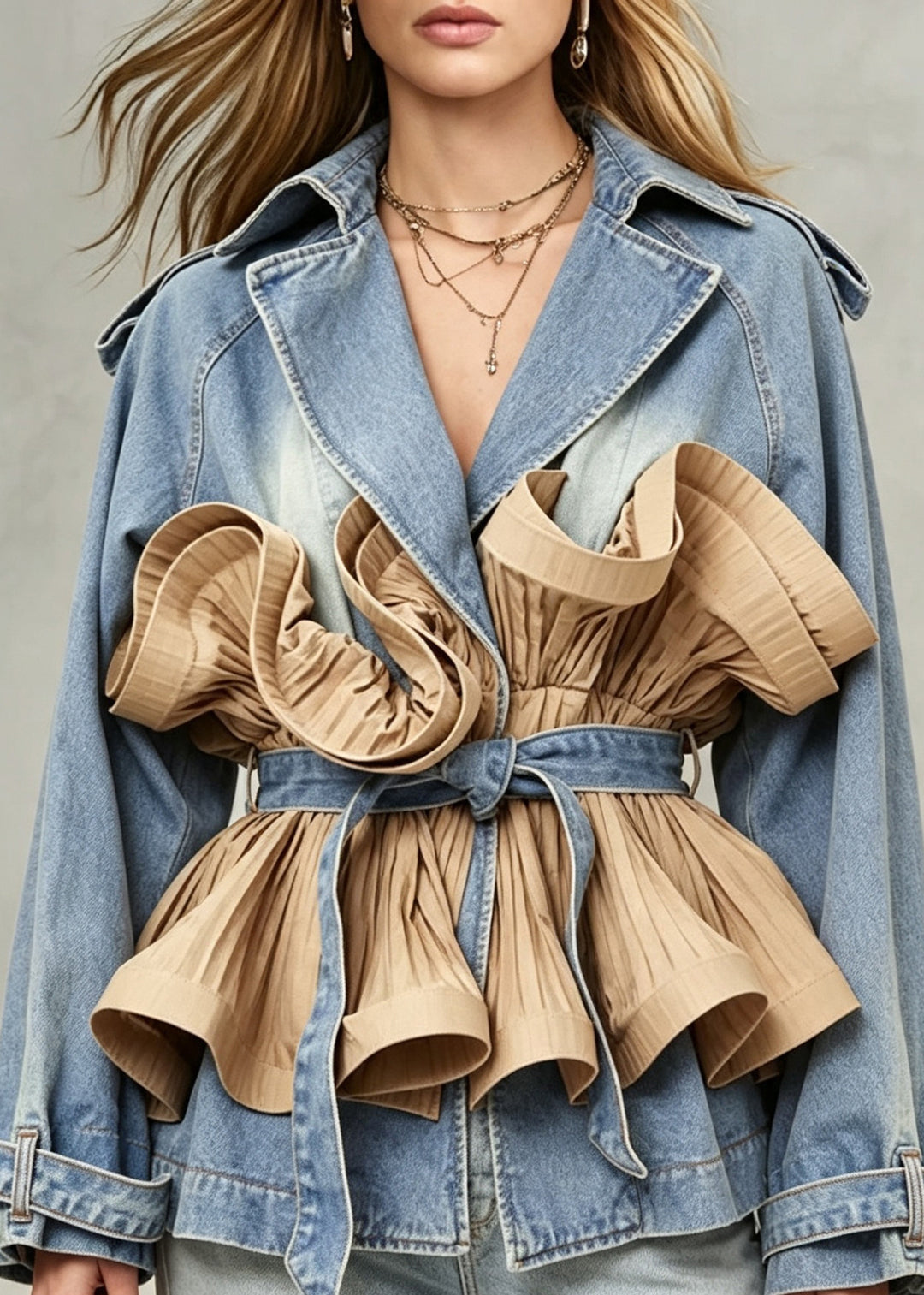 Fashion Turn-Down Collar Ruffles Patchwork Denim Tie Waist Coats Long sleeve