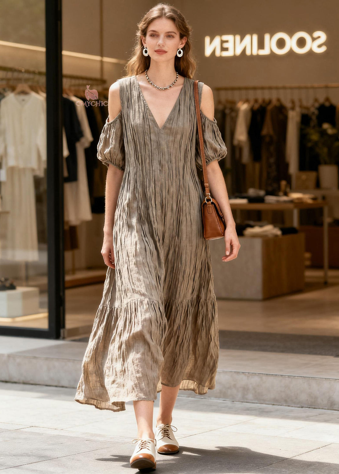 Fashion V Neck Cold Shoulder Wrinkled Patchwork Cotton Dress Summer