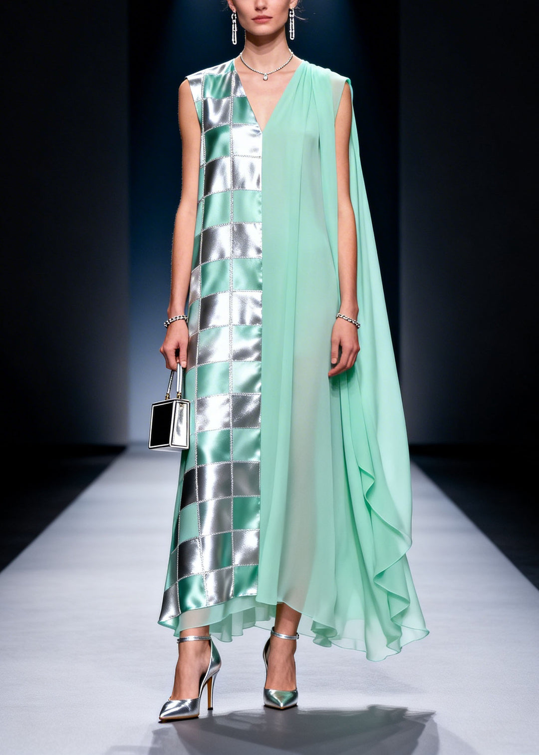 Fashion V Neck Plaid Print Chiffon Long Dress Summer