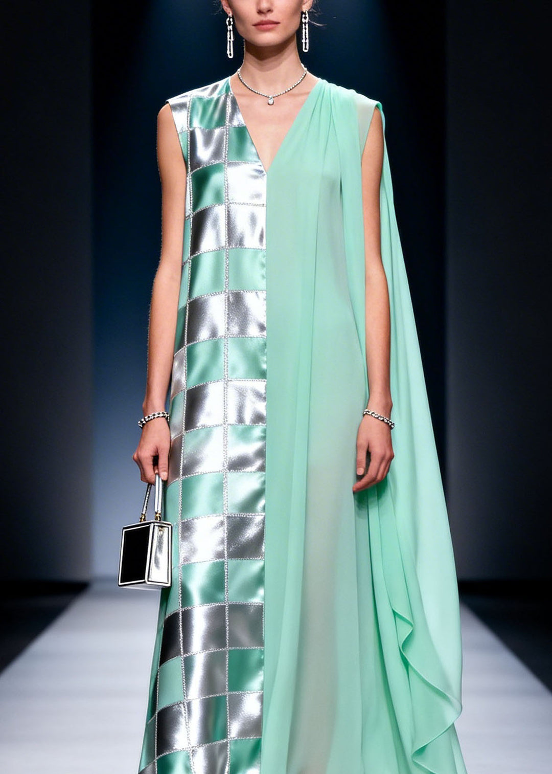 Fashion V Neck Plaid Print Chiffon Long Dress Summer