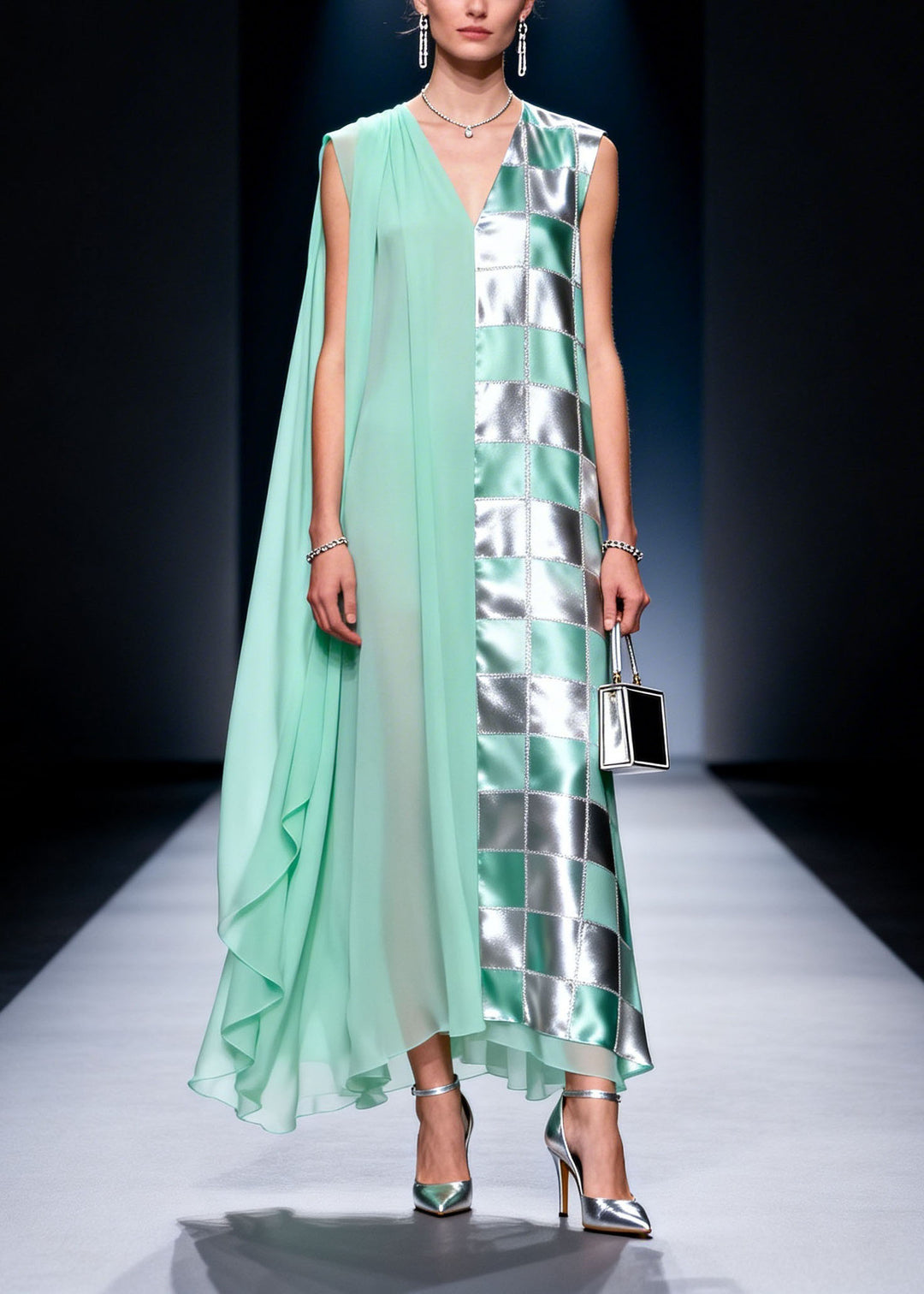 Fashion V Neck Plaid Print Chiffon Long Dress Summer