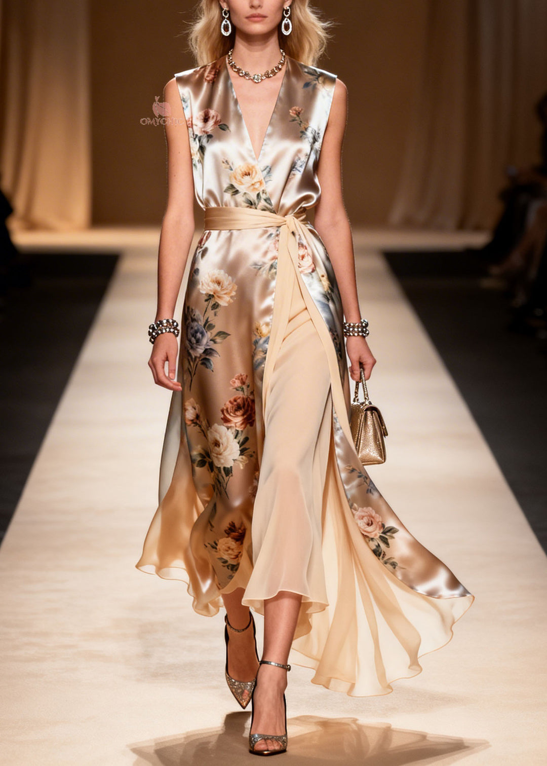 Fashion V Neck Print Lace Up Patchwork Silk Dress Sleeveless