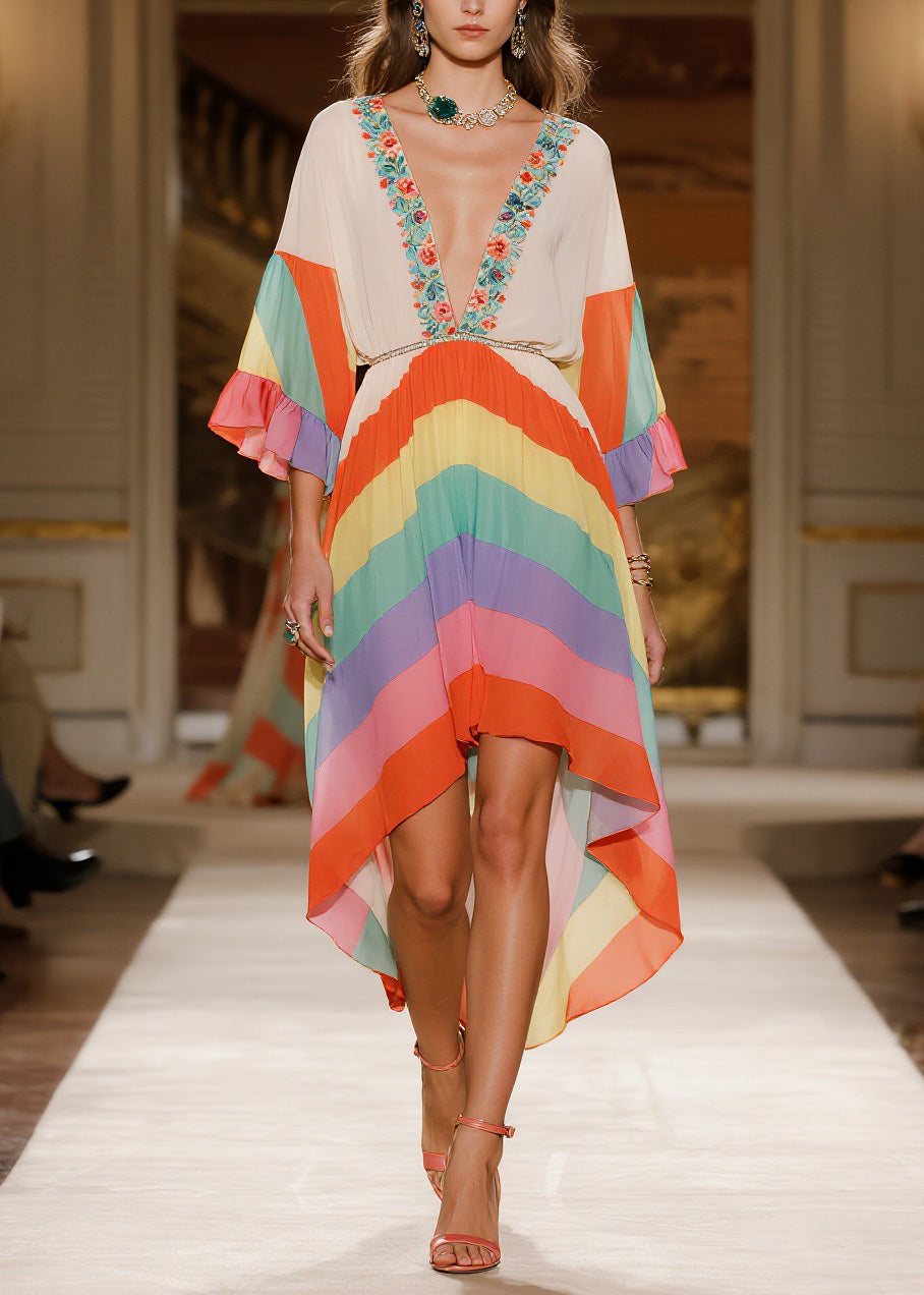 Fashion V Neck Print Low High Design Chiffon Dress Summer