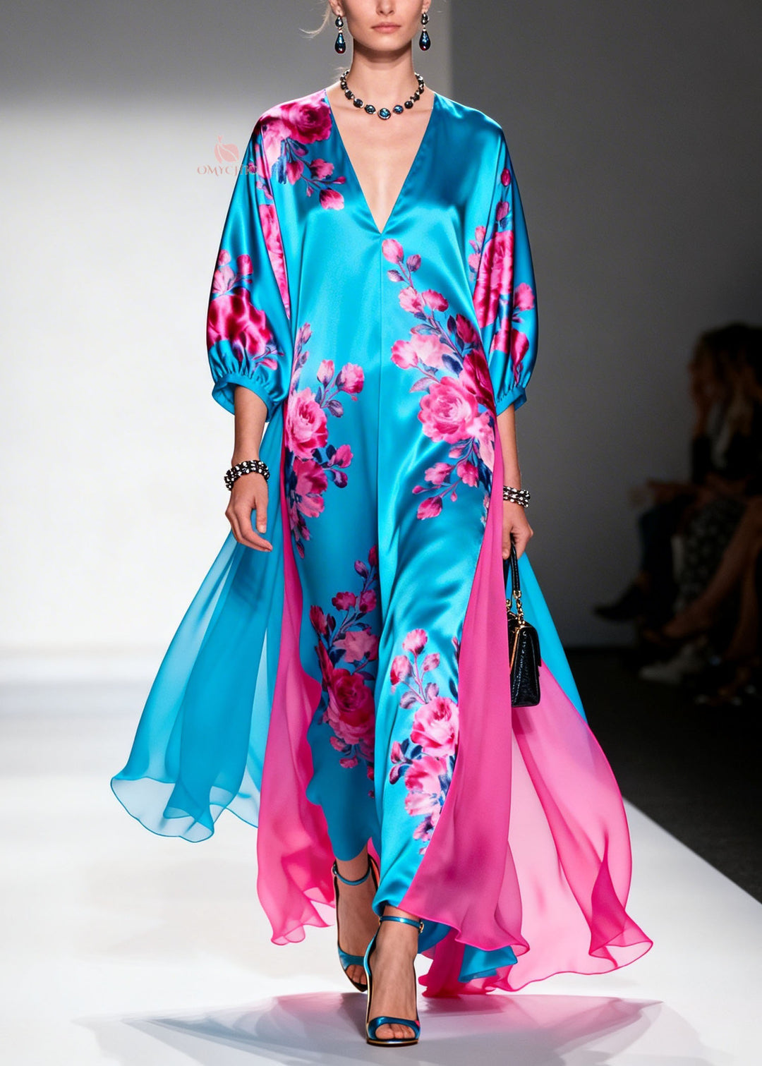 Fashion V Neck Print Patchwork Silk Long Dress Summer