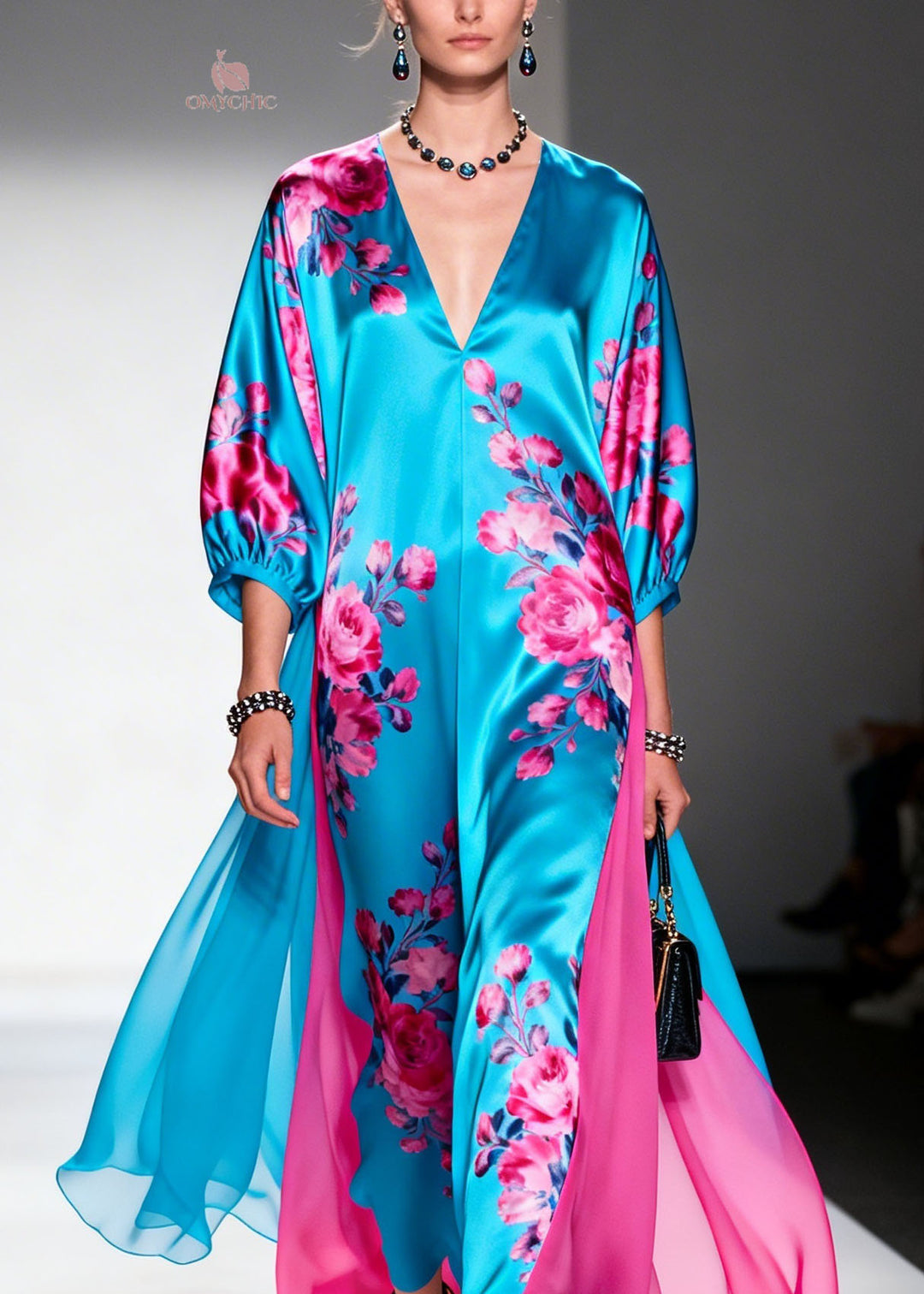 Fashion V Neck Print Patchwork Silk Long Dress Summer