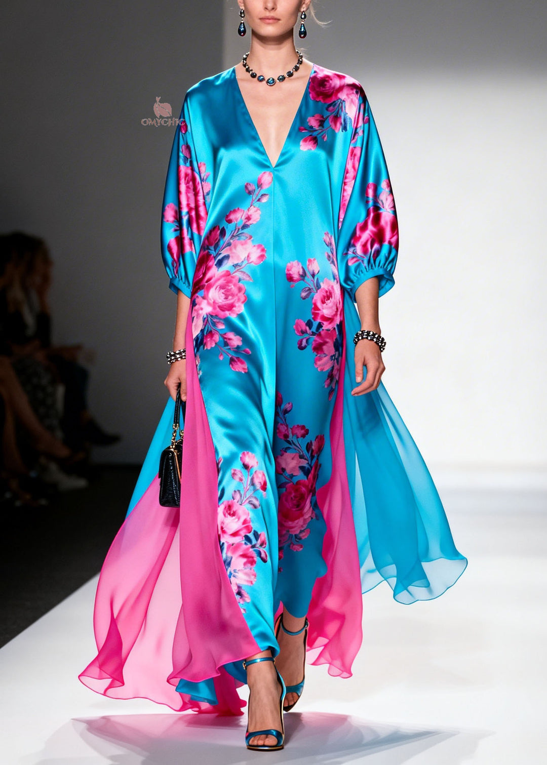 Fashion V Neck Print Patchwork Silk Long Dress Summer