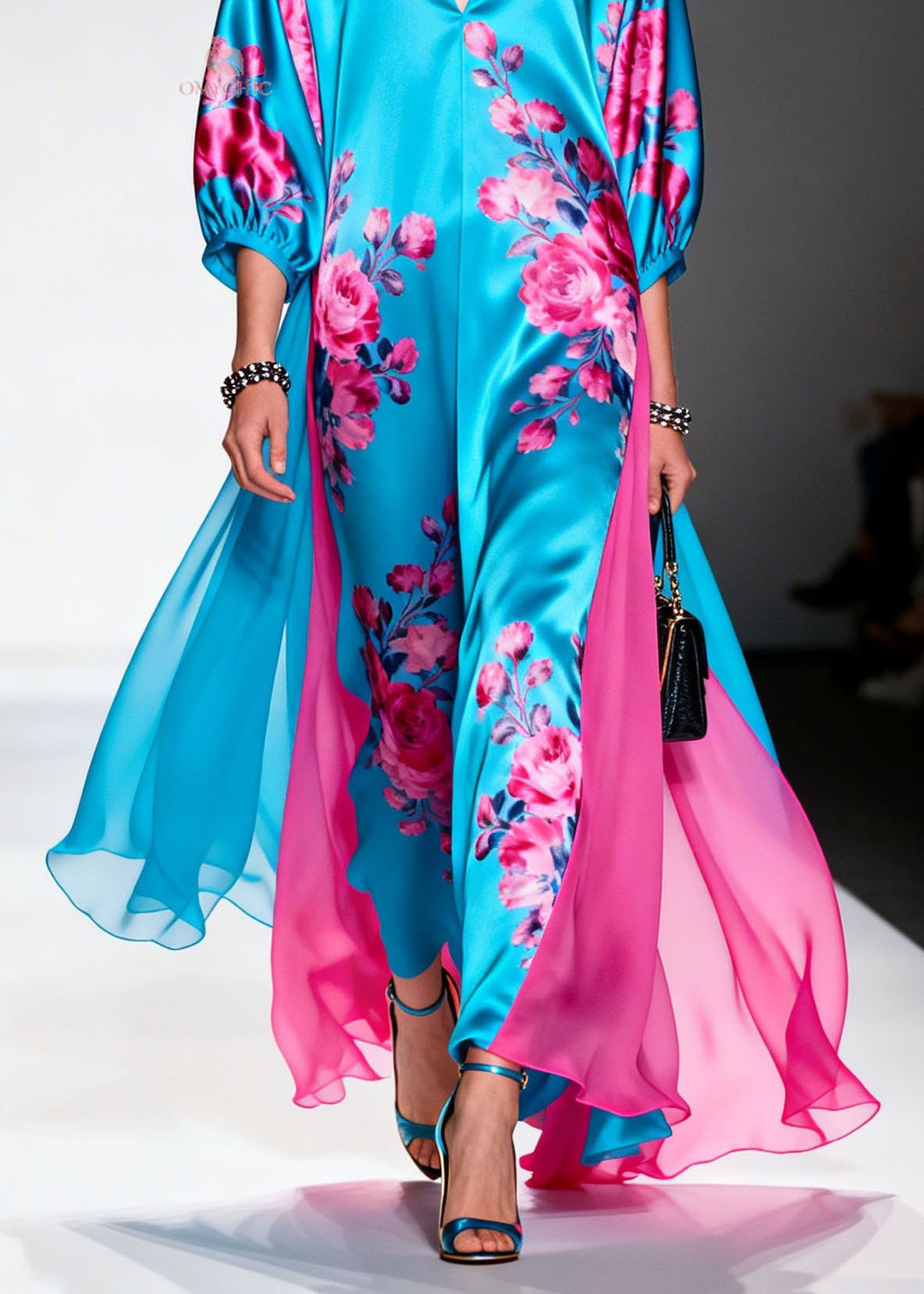 Fashion V Neck Print Patchwork Silk Long Dress Summer