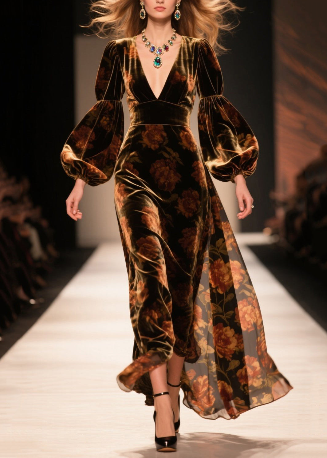 Fashion V Neck Print Velvet Ankle Dress Lantern Sleeve