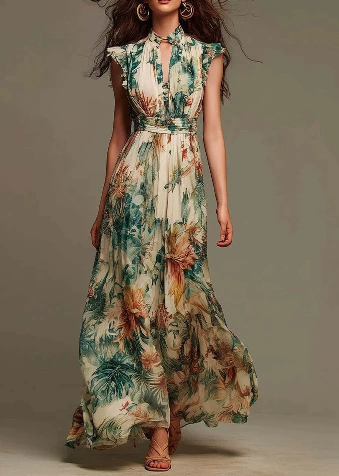 Fashion V Neck Ruffled Print Chiffon Long Dress Summer