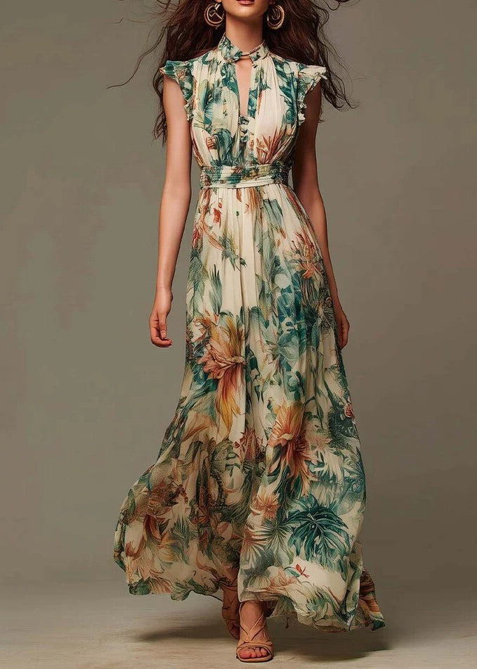 Fashion V Neck Ruffled Print Chiffon Long Dress Summer