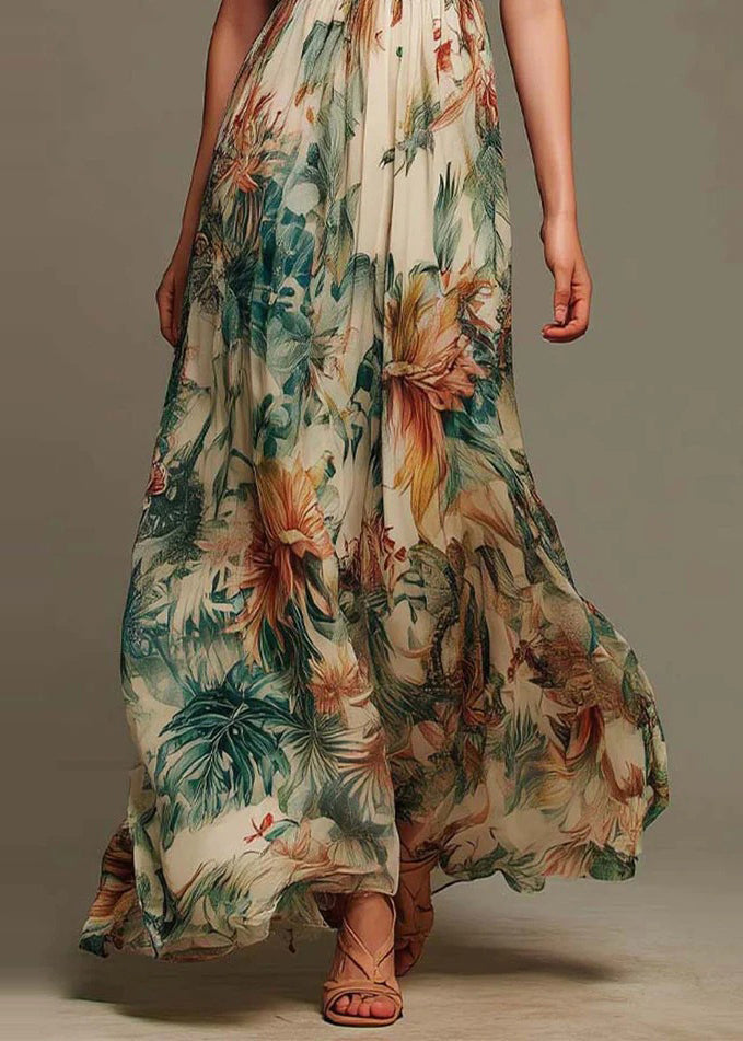 Fashion V Neck Ruffled Print Chiffon Long Dress Summer