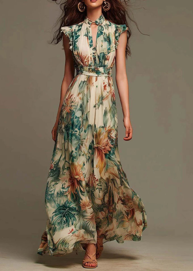 Fashion V Neck Ruffled Print Chiffon Long Dress Summer