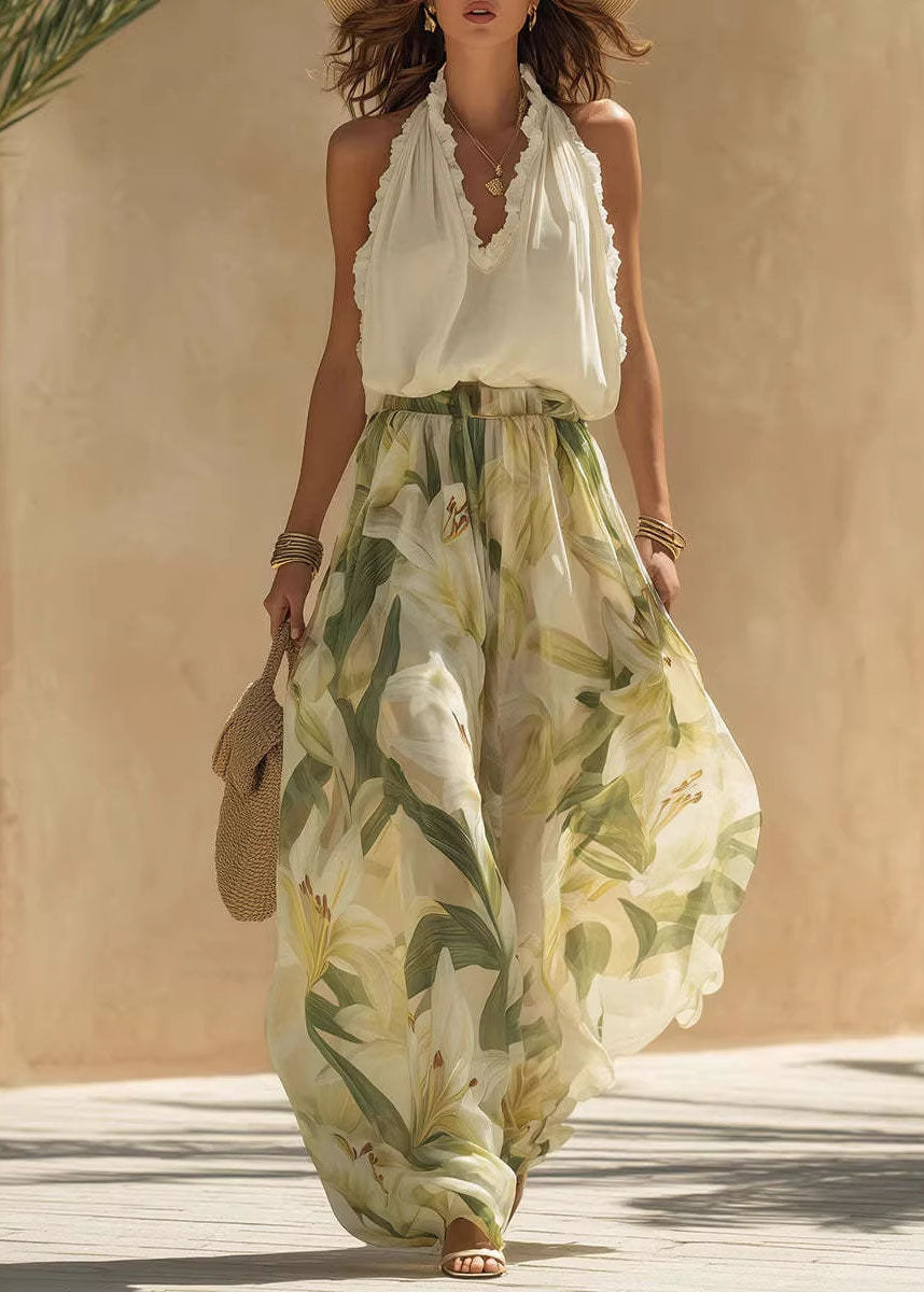Fashion V Neck Ruffled Print Cotton Two Pieces Set Summer