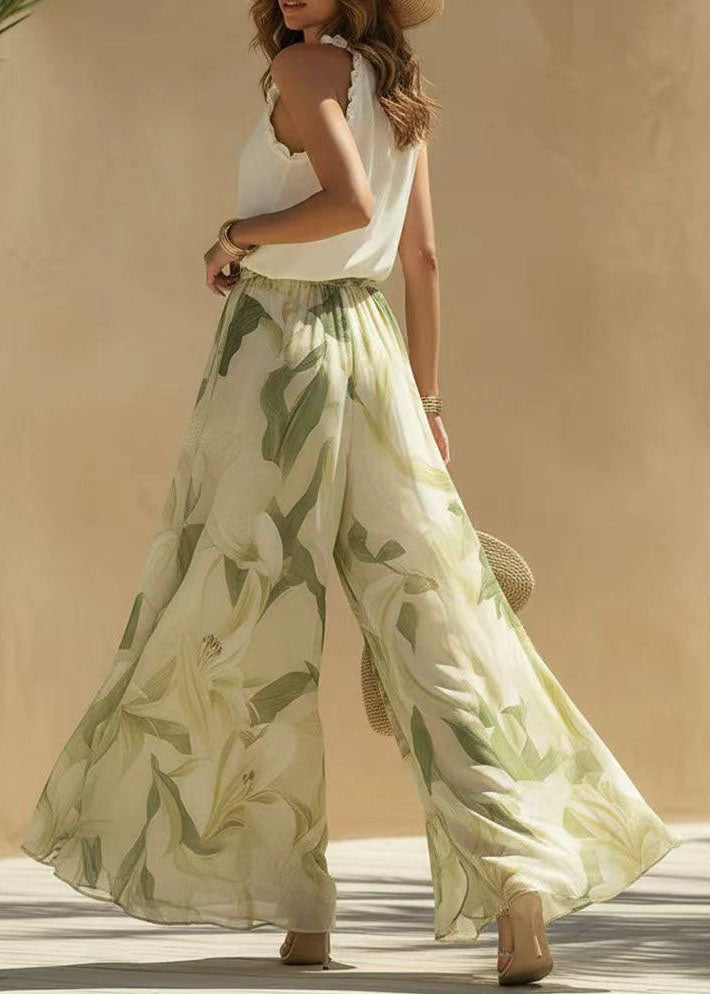 Fashion V Neck Ruffled Print Cotton Two Pieces Set Summer