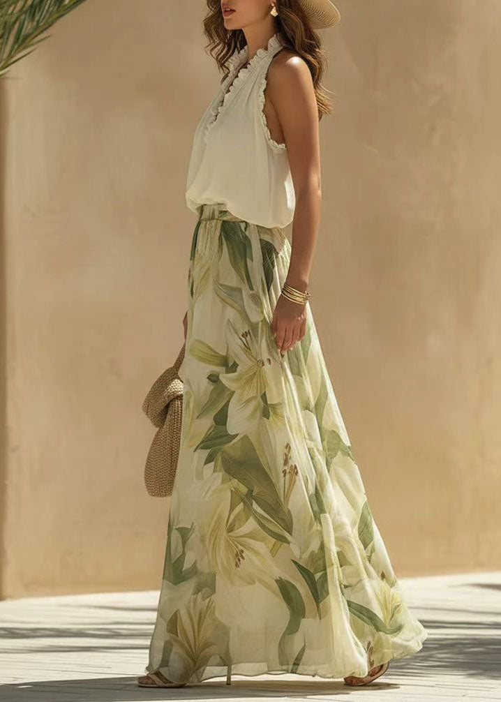 Fashion V Neck Ruffled Print Cotton Two Pieces Set Summer