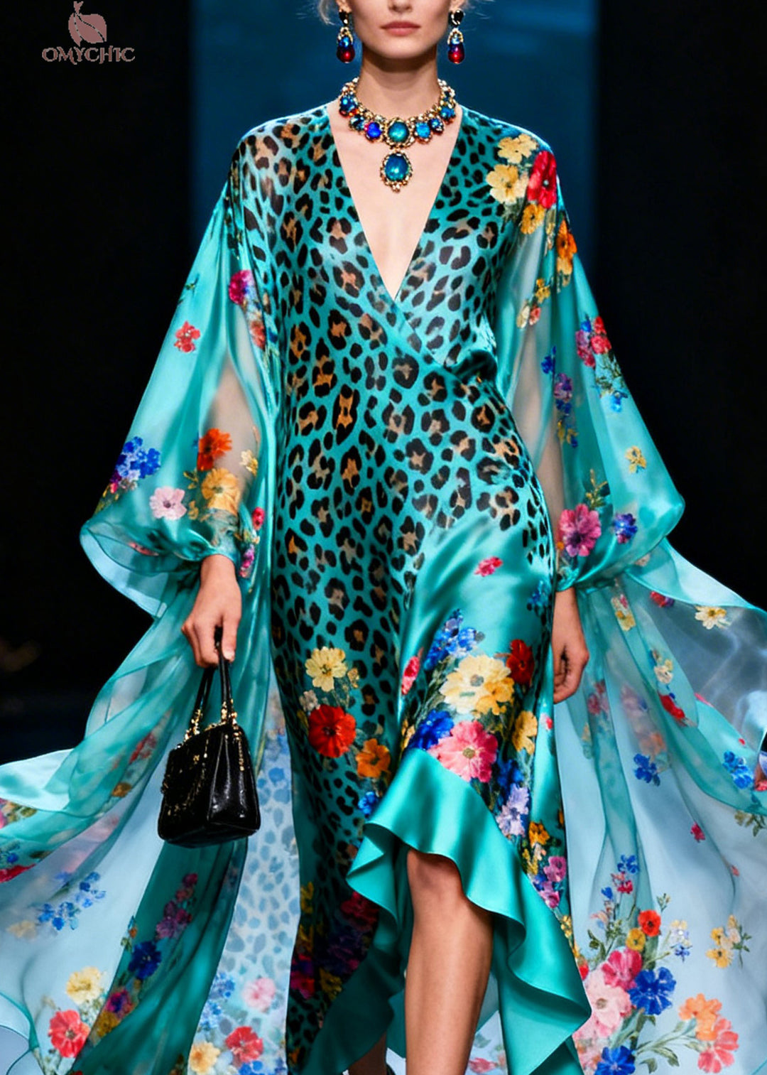 Fashion V Neck Ruffled Print Silk Ankle Dress Summer