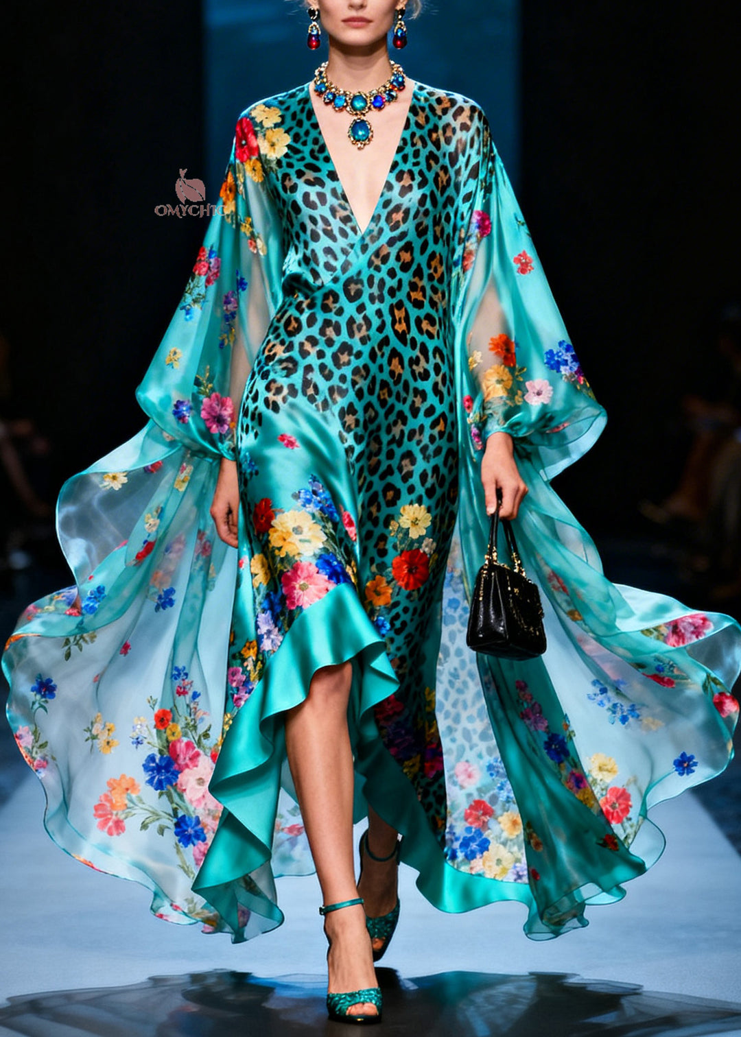 Fashion V Neck Ruffled Print Silk Ankle Dress Summer