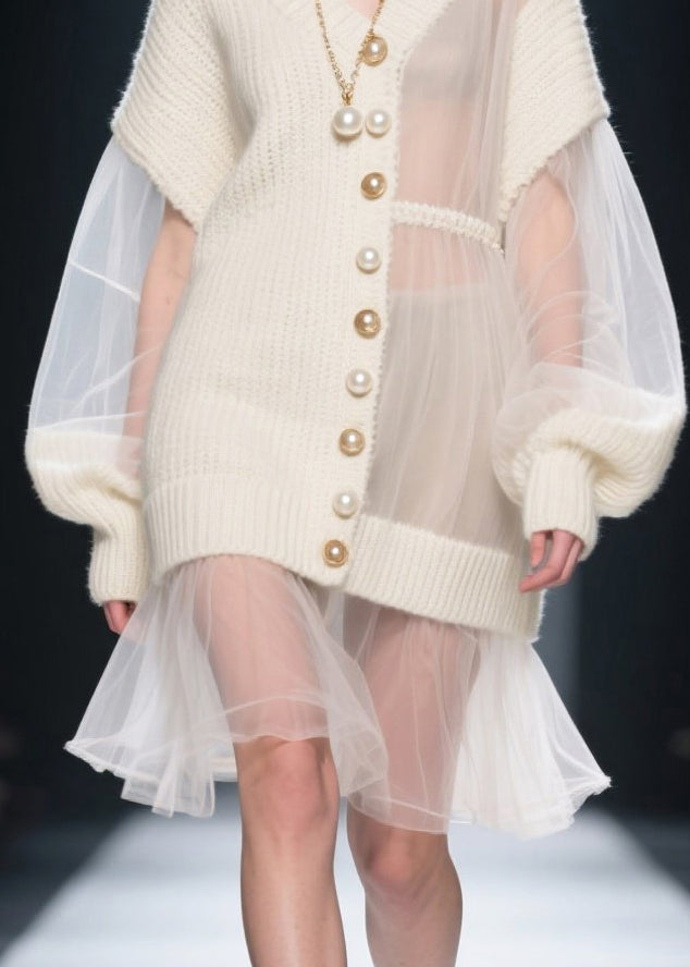 Fashion White Asymmetrical Patchwork Tulle Knitwear Dress Fall