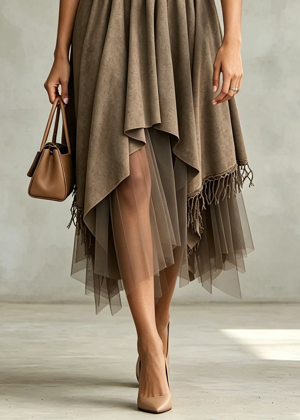 Fashion White Asymmetrical Tassel Tulle Patchwork Faux Suede Skirt Fall