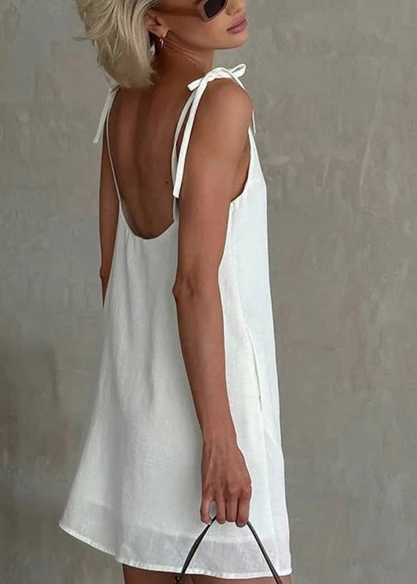 Fashion White Backless Lace Up Cotton Mini Dresses Summer