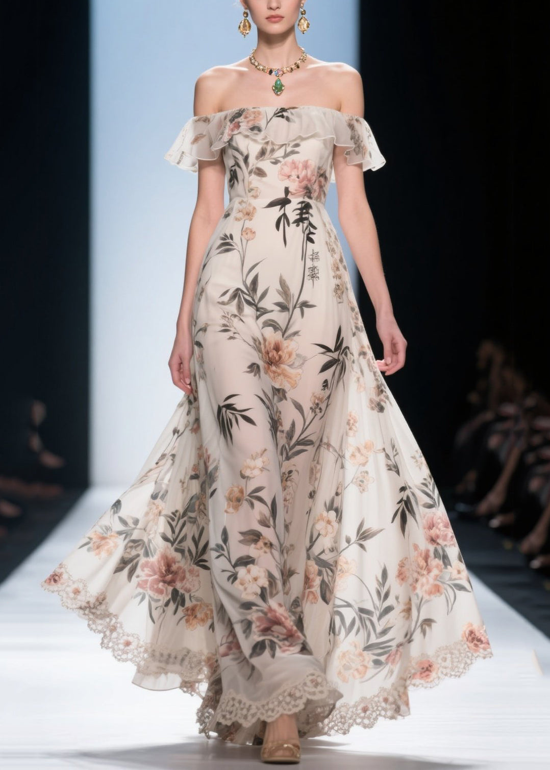 Fashion White Cold Shoulder Print Chiffon Maxi Dress Summer