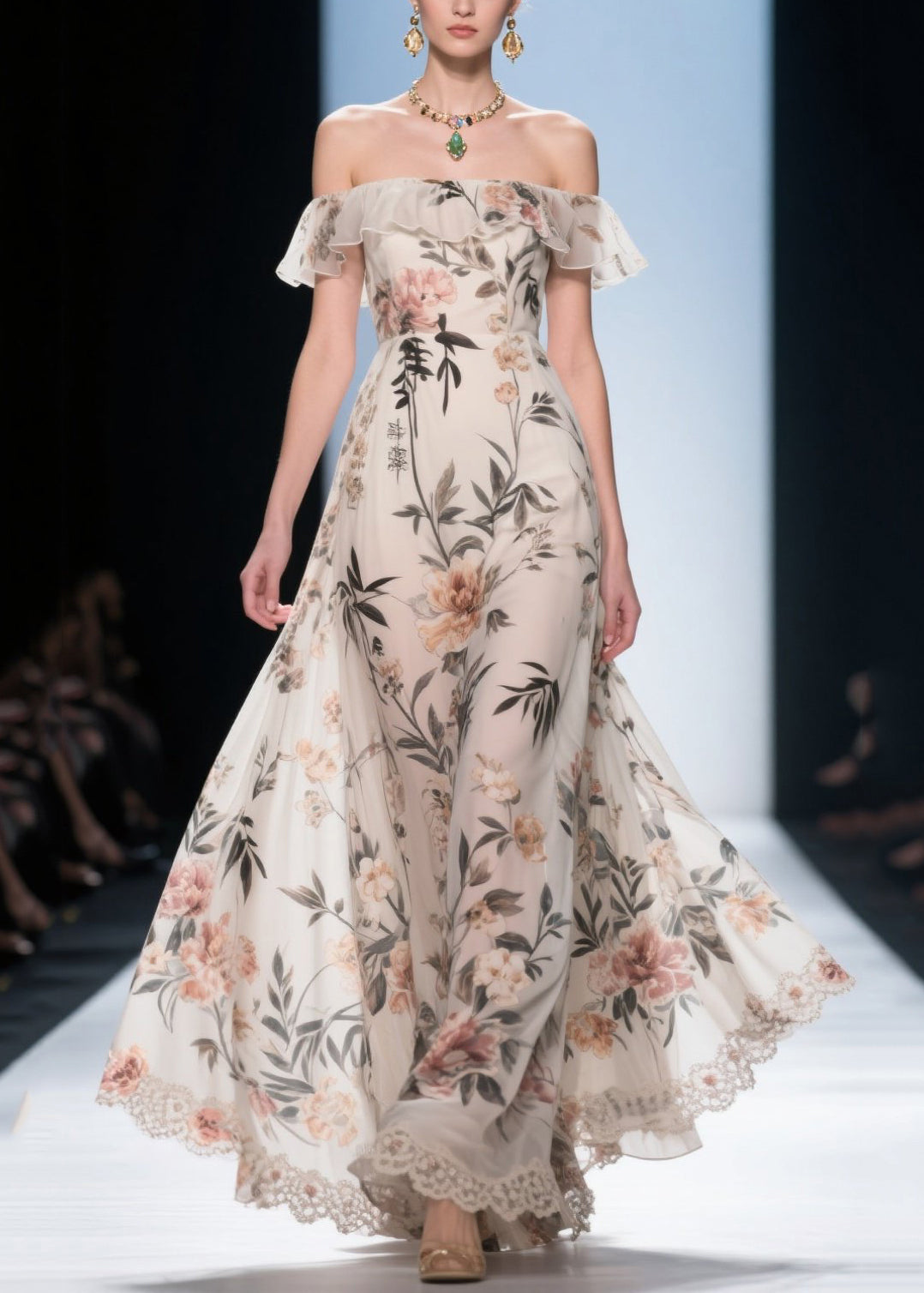 Fashion White Cold Shoulder Print Chiffon Maxi Dress Summer