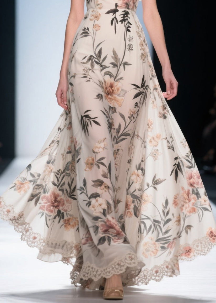 Fashion White Cold Shoulder Print Chiffon Maxi Dress Summer