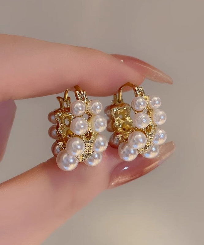 Fashion White Copper Alloy Asymmetrical Pearl Hoop Earrings