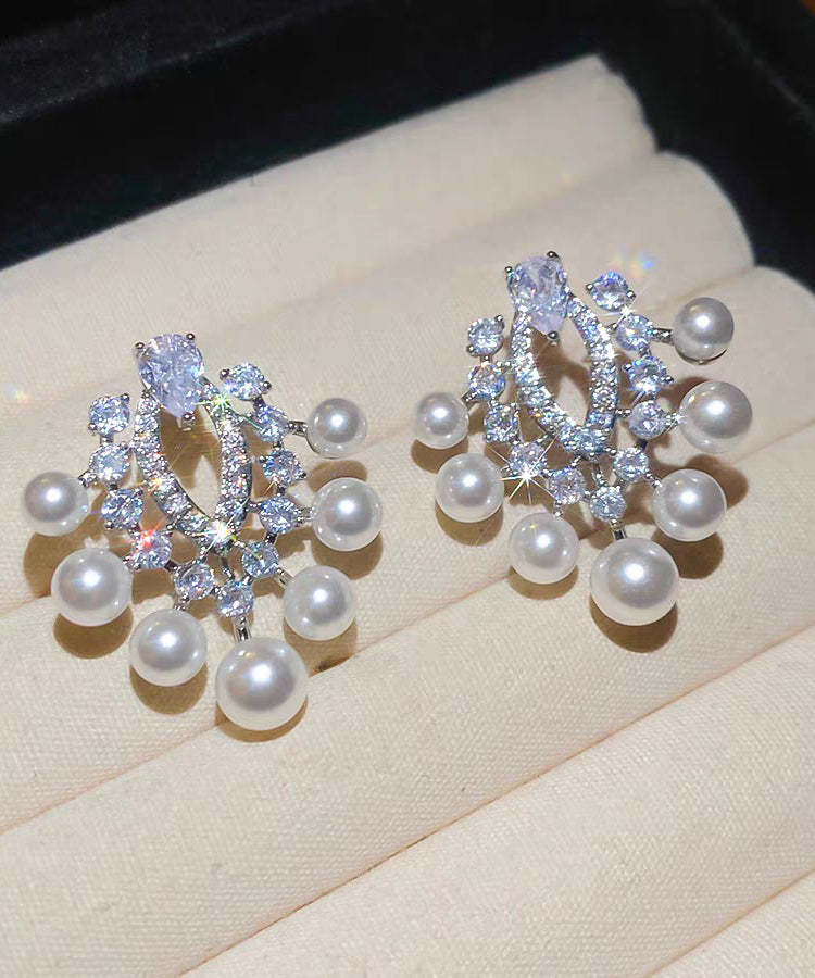 Fashion White Copper Zircon Pearl Stud Earrings