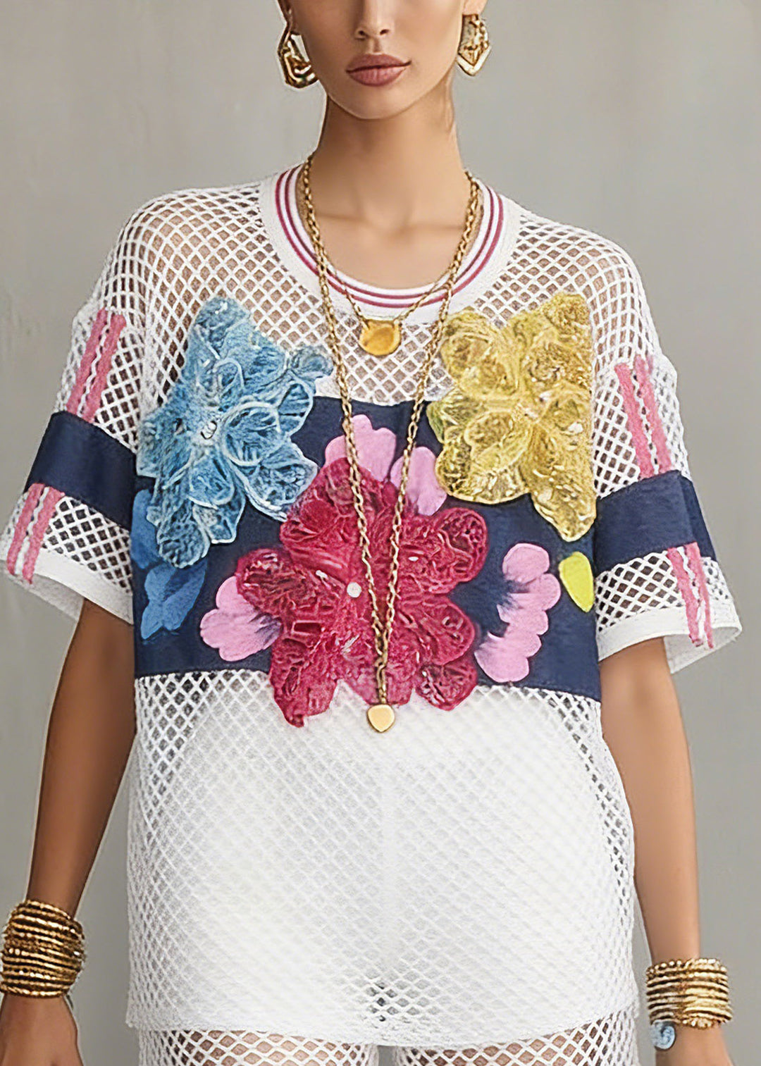 Fashion White FloralHollow Out T Shirts Short Sleeve