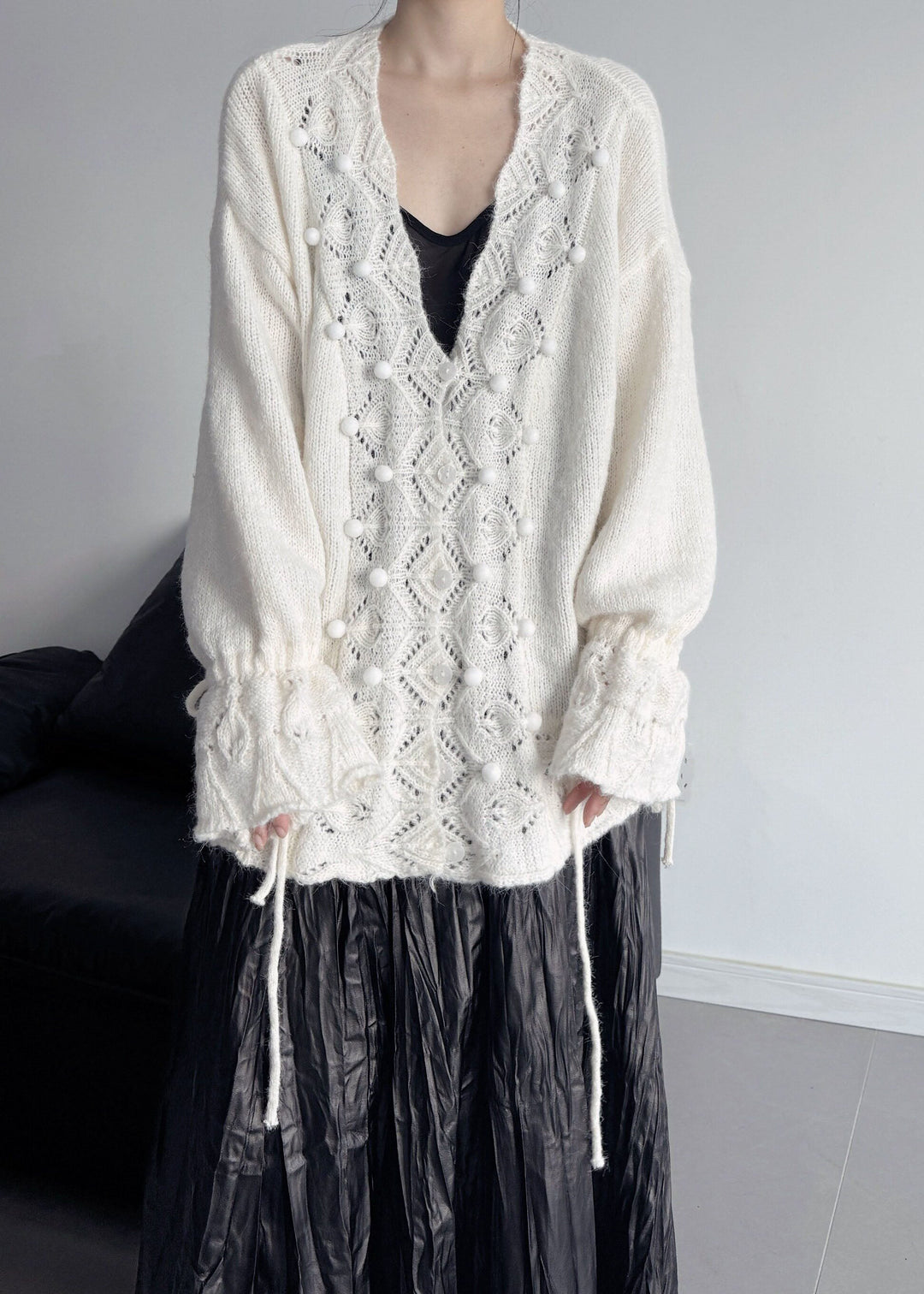 Fashion White Fuzzy Ball Decorated Knit Cardigan Fall