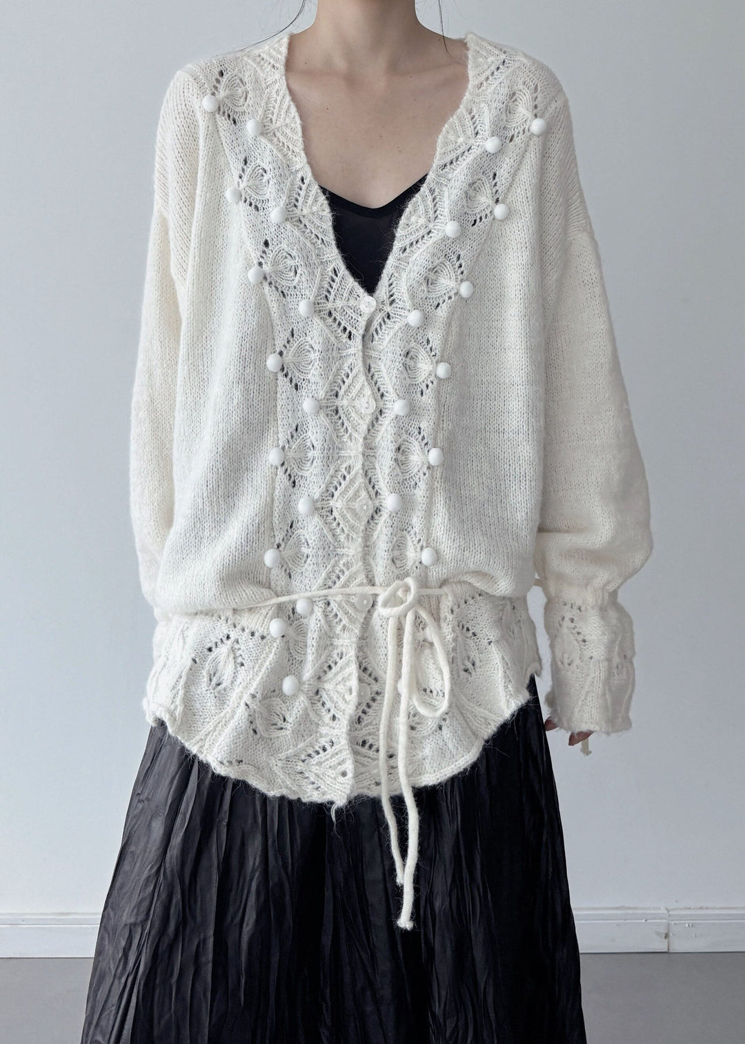 Fashion White Fuzzy Ball Decorated Knit Cardigan Fall