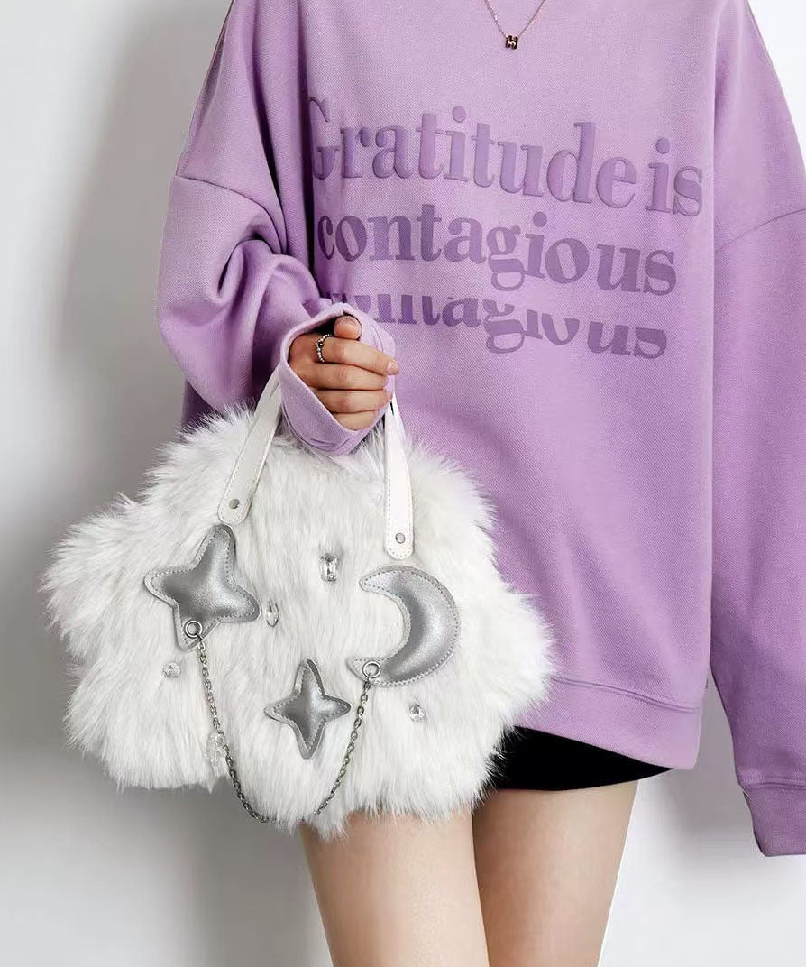 Fashion White Fuzzy Fur Fluffy Chain Linked Tote Handbag