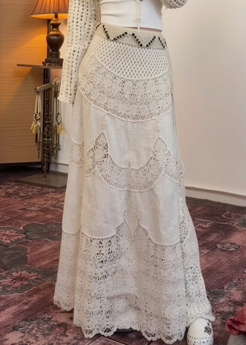 Fashion White High Waist Patchwork Lace A Line Skirts Spring