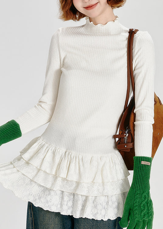 Fashion White Hign Neck Ruffled Patchwork Cotton Top Spring